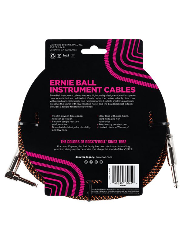 Ernie Ball 25' Braided Straight / Angle Instrument Cable - Black / Orange - Image 2